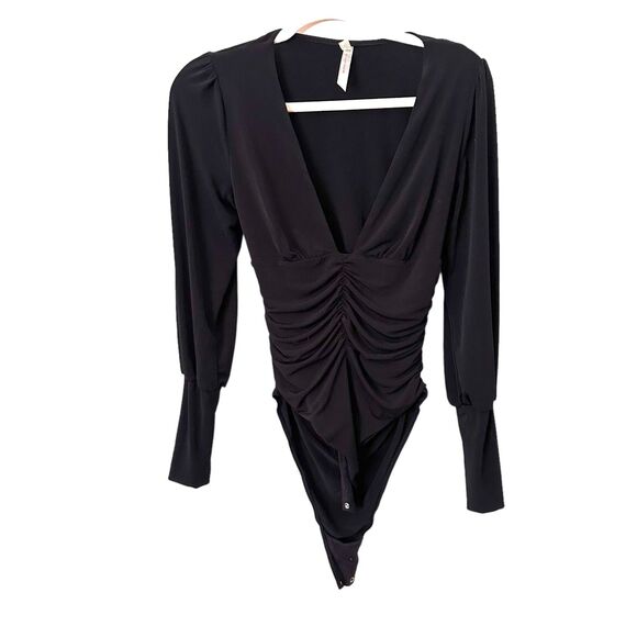 FREE PEOPLE V-Neck‎ Cinched Bodysuit Black Sz Small - Picture 1 of 4